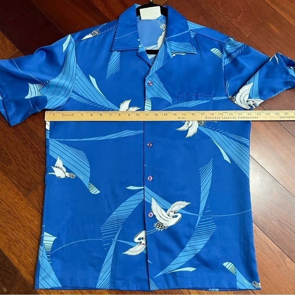 Vintage Mark Raysten Malihini Hawaiian Aloha Shirt Asian Crane Blue *see msrmts - Picture 6 of 10